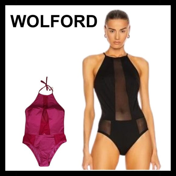 NWT WOLFORD Rubino red mesh high neck halter one piece swimsuit - Picture 1 of 14